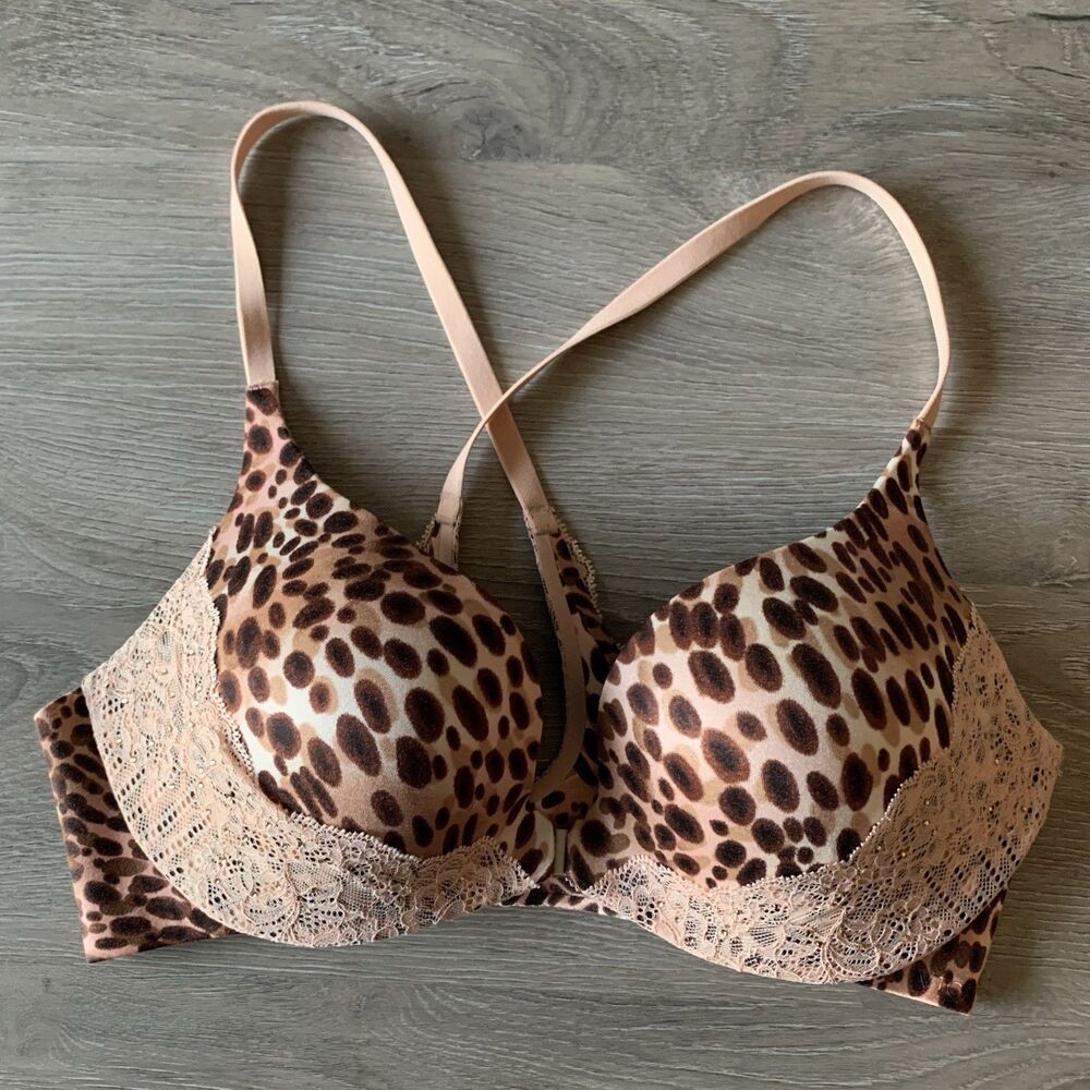 Victoria’s Secret Push-Up Bra Animal Leopard Print Lace Beige Size 34C